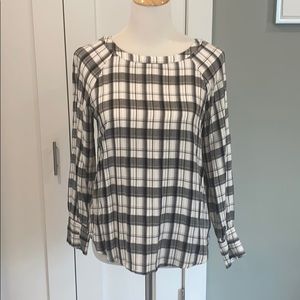 LOFT Black and Cream Plaid Blouse Size Small